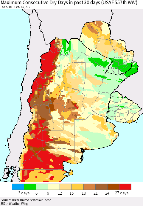 Southern South America Maximum Consecutive Dry Days in past 30 days (USAF 557th WW) 10/15/2021 Thematic Map For 10/11/2021 - 10/15/2021