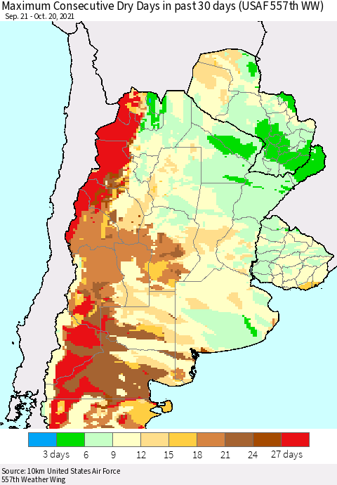 Southern South America Maximum Consecutive Dry Days in past 30 days (USAF 557th WW) 10/20/2021 Thematic Map For 10/16/2021 - 10/20/2021