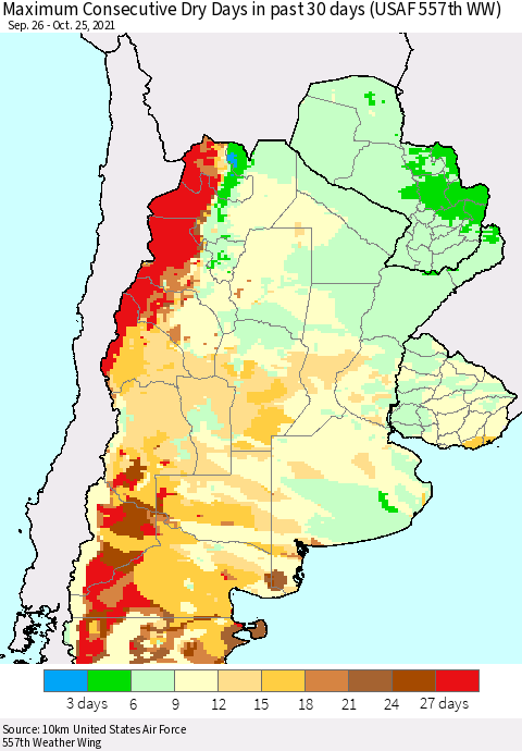 Southern South America Maximum Consecutive Dry Days in past 30 days (USAF 557th WW) 10/25/2021 Thematic Map For 10/21/2021 - 10/25/2021
