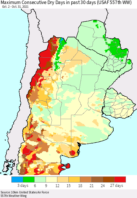 Southern South America Maximum Consecutive Dry Days in past 30 days (USAF 557th WW) 10/31/2021 Thematic Map For 10/26/2021 - 10/31/2021