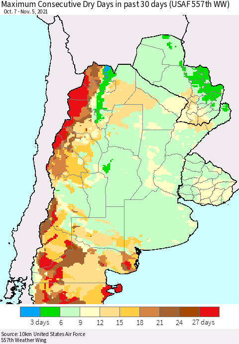 Southern South America Maximum Consecutive Dry Days in past 30 days (USAF 557th WW) 11/05/2021 Thematic Map For 11/1/2021 - 11/5/2021