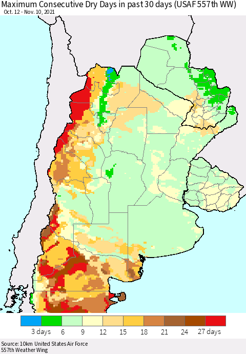 Southern South America Maximum Consecutive Dry Days in past 30 days (USAF 557th WW) 11/10/2021 Thematic Map For 11/6/2021 - 11/10/2021