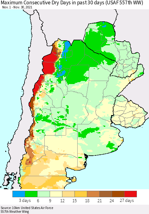 Southern South America Maximum Consecutive Dry Days in past 30 days (USAF 557th WW) 11/30/2021 Thematic Map For 11/26/2021 - 11/30/2021