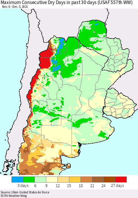 Southern South America Maximum Consecutive Dry Days in past 30 days (USAF 557th WW) 12/05/2021 Thematic Map For 12/1/2021 - 12/5/2021