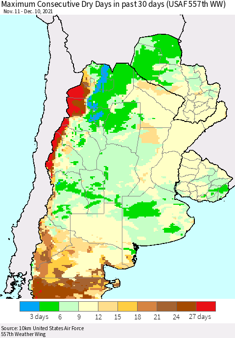 Southern South America Maximum Consecutive Dry Days in past 30 days (USAF 557th WW) 12/10/2021 Thematic Map For 12/6/2021 - 12/10/2021