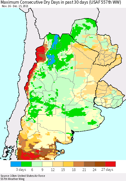 Southern South America Maximum Consecutive Dry Days in past 30 days (USAF 557th WW) 12/15/2021 Thematic Map For 12/11/2021 - 12/15/2021