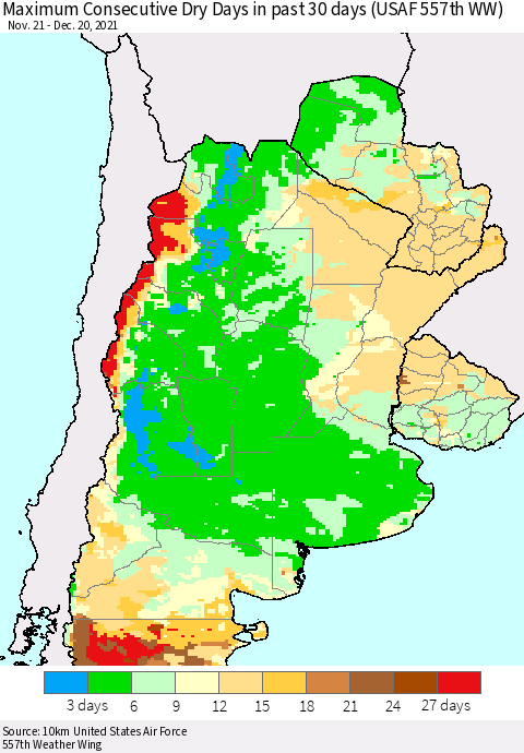 Southern South America Maximum Consecutive Dry Days in past 30 days (USAF 557th WW) 12/20/2021 Thematic Map For 12/16/2021 - 12/20/2021