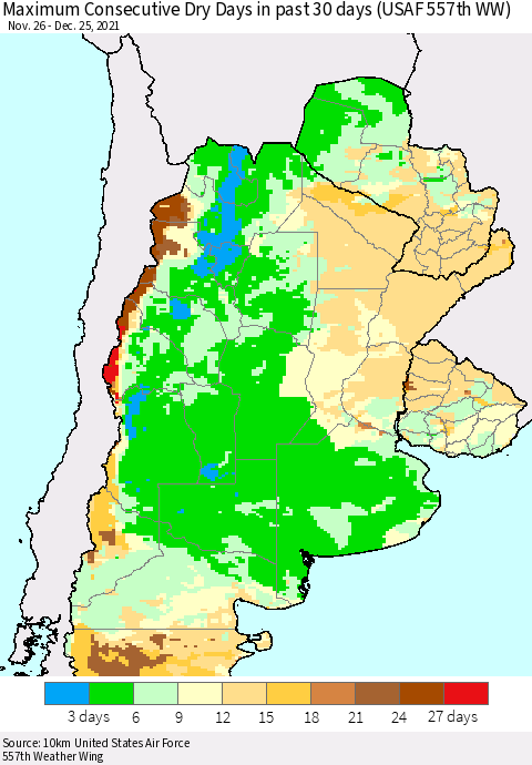 Southern South America Maximum Consecutive Dry Days in past 30 days (USAF 557th WW) 12/25/2021 Thematic Map For 12/21/2021 - 12/25/2021
