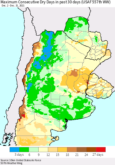 Southern South America Maximum Consecutive Dry Days in past 30 days (USAF 557th WW) 12/31/2021 Thematic Map For 12/26/2021 - 12/31/2021