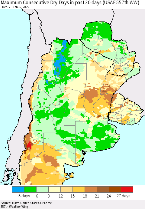 Southern South America Maximum Consecutive Dry Days in past 30 days (USAF 557th WW) 01/05/2022 Thematic Map For 1/1/2022 - 1/5/2022