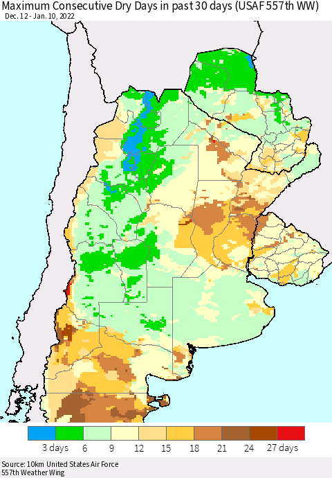 Southern South America Maximum Consecutive Dry Days in past 30 days (USAF 557th WW) 01/10/2022 Thematic Map For 1/6/2022 - 1/10/2022