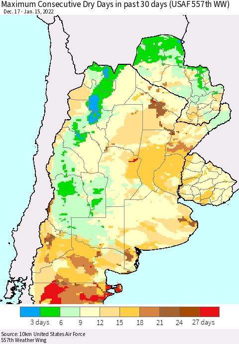Southern South America Maximum Consecutive Dry Days in past 30 days (USAF 557th WW) 01/15/2022 Thematic Map For 1/11/2022 - 1/15/2022