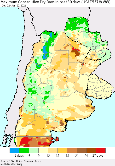 Southern South America Maximum Consecutive Dry Days in past 30 days (USAF 557th WW) 01/20/2022 Thematic Map For 1/16/2022 - 1/20/2022