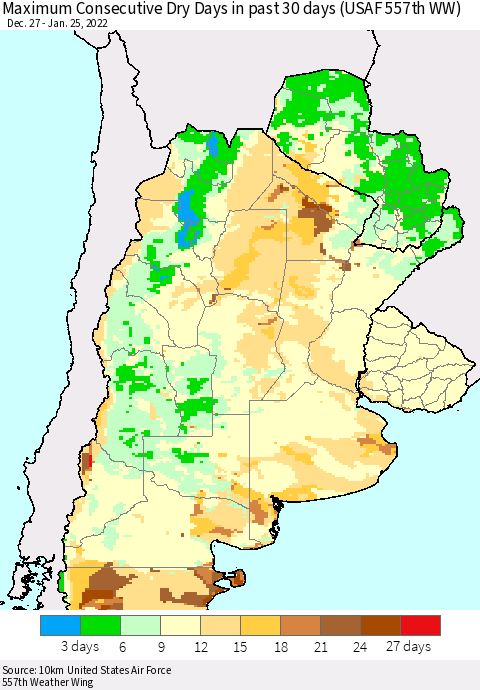 Southern South America Maximum Consecutive Dry Days in past 30 days (USAF 557th WW) 01/25/2022 Thematic Map For 1/21/2022 - 1/25/2022