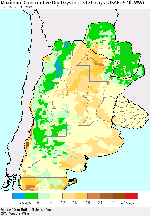Southern South America Maximum Consecutive Dry Days in past 30 days (USAF 557th WW) 01/31/2022 Thematic Map For 1/26/2022 - 1/31/2022