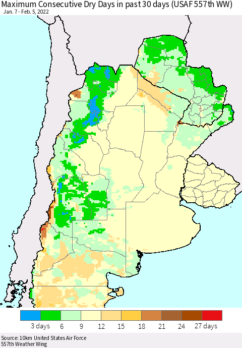 Southern South America Maximum Consecutive Dry Days in past 30 days (USAF 557th WW) 02/05/2022 Thematic Map For 2/1/2022 - 2/5/2022