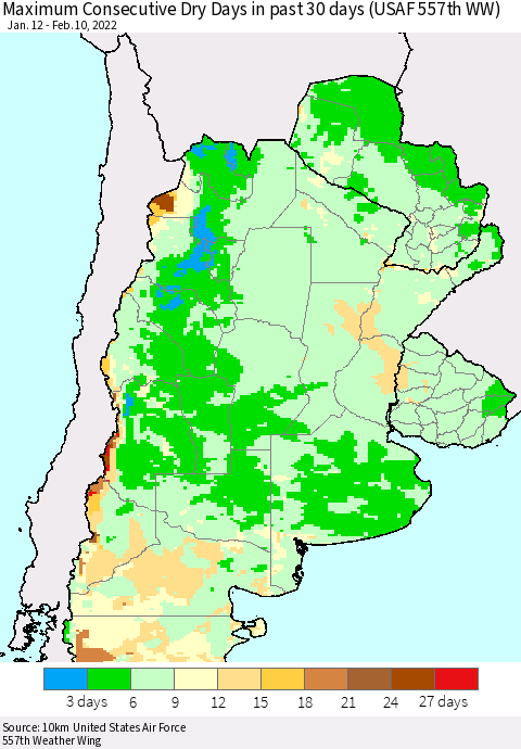 Southern South America Maximum Consecutive Dry Days in past 30 days (USAF 557th WW) 02/10/2022 Thematic Map For 2/6/2022 - 2/10/2022