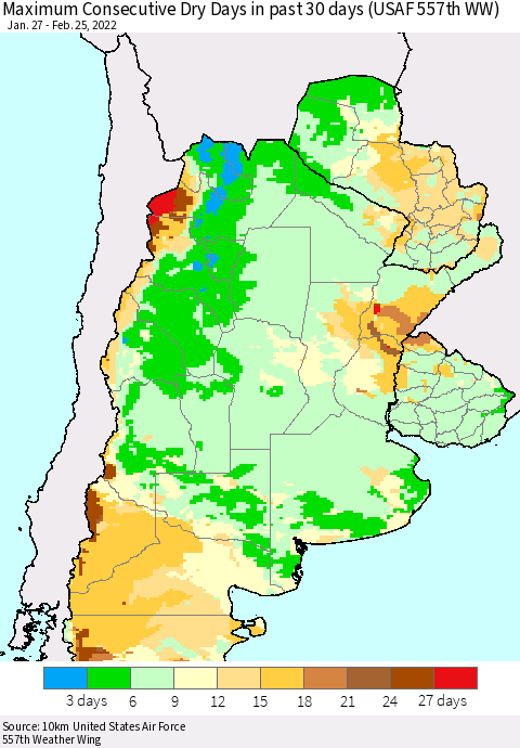 Southern South America Maximum Consecutive Dry Days in past 30 days (USAF 557th WW) 02/25/2022 Thematic Map For 2/21/2022 - 2/25/2022