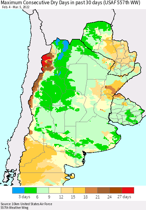 Southern South America Maximum Consecutive Dry Days in past 30 days (USAF 557th WW) 03/05/2022 Thematic Map For 3/1/2022 - 3/5/2022