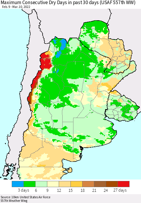 Southern South America Maximum Consecutive Dry Days in past 30 days (USAF 557th WW) 03/10/2022 Thematic Map For 3/6/2022 - 3/10/2022