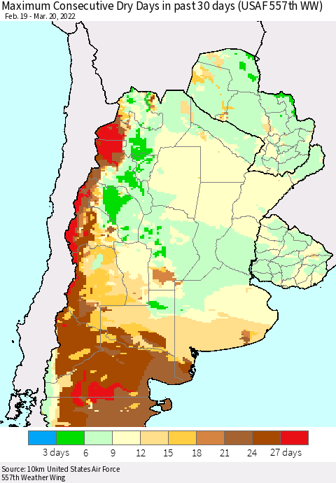 Southern South America Maximum Consecutive Dry Days in past 30 days (USAF 557th WW) 03/20/2022 Thematic Map For 3/16/2022 - 3/20/2022