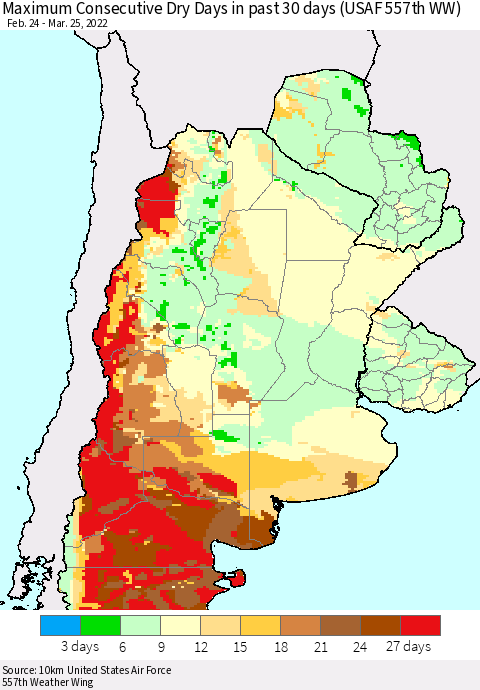 Southern South America Maximum Consecutive Dry Days in past 30 days (USAF 557th WW) 03/25/2022 Thematic Map For 3/21/2022 - 3/25/2022