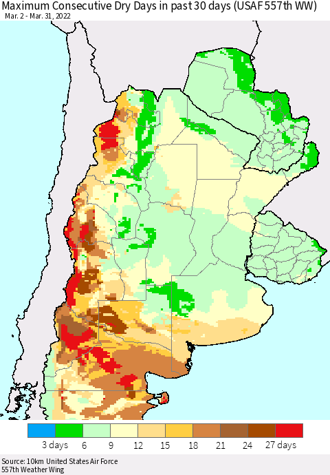 Southern South America Maximum Consecutive Dry Days in past 30 days (USAF 557th WW) 03/31/2022 Thematic Map For 3/26/2022 - 3/31/2022