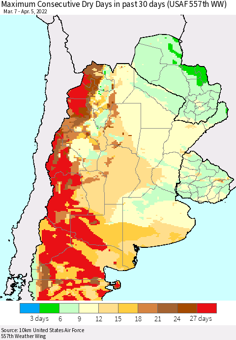Southern South America Maximum Consecutive Dry Days in past 30 days (USAF 557th WW) 04/05/2022 Thematic Map For 4/1/2022 - 4/5/2022