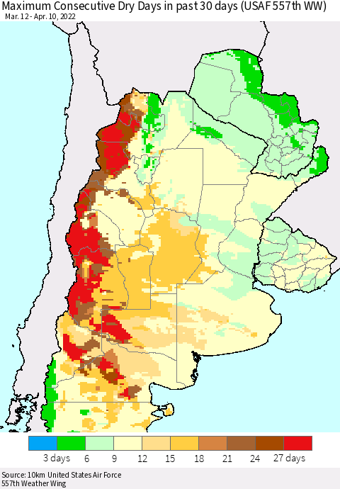 Southern South America Maximum Consecutive Dry Days in past 30 days (USAF 557th WW) 04/10/2022 Thematic Map For 4/6/2022 - 4/10/2022