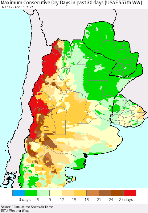 Southern South America Maximum Consecutive Dry Days in past 30 days (USAF 557th WW) 04/15/2022 Thematic Map For 4/11/2022 - 4/15/2022