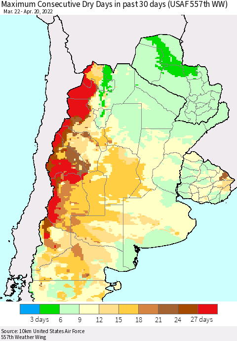 Southern South America Maximum Consecutive Dry Days in past 30 days (USAF 557th WW) 04/20/2022 Thematic Map For 4/16/2022 - 4/20/2022