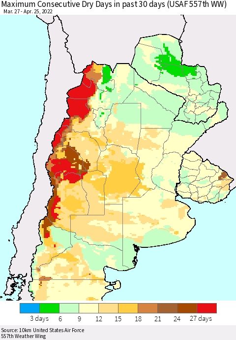Southern South America Maximum Consecutive Dry Days in past 30 days (USAF 557th WW) 04/25/2022 Thematic Map For 4/21/2022 - 4/25/2022
