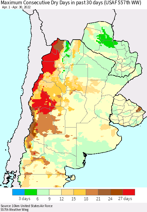 Southern South America Maximum Consecutive Dry Days in past 30 days (USAF 557th WW) 04/30/2022 Thematic Map For 4/26/2022 - 4/30/2022