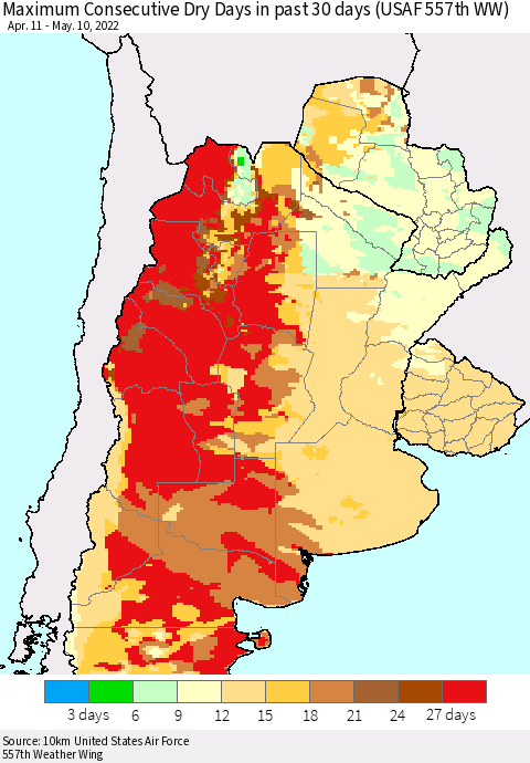 Southern South America Maximum Consecutive Dry Days in past 30 days (USAF 557th WW) 05/10/2022 Thematic Map For 5/6/2022 - 5/10/2022