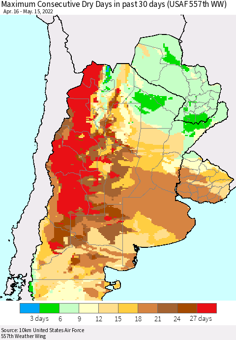 Southern South America Maximum Consecutive Dry Days in past 30 days (USAF 557th WW) 05/15/2022 Thematic Map For 5/11/2022 - 5/15/2022
