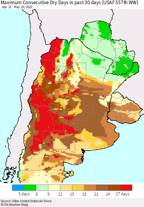 Southern South America Maximum Consecutive Dry Days in past 30 days (USAF 557th WW) 05/20/2022 Thematic Map For 5/16/2022 - 5/20/2022