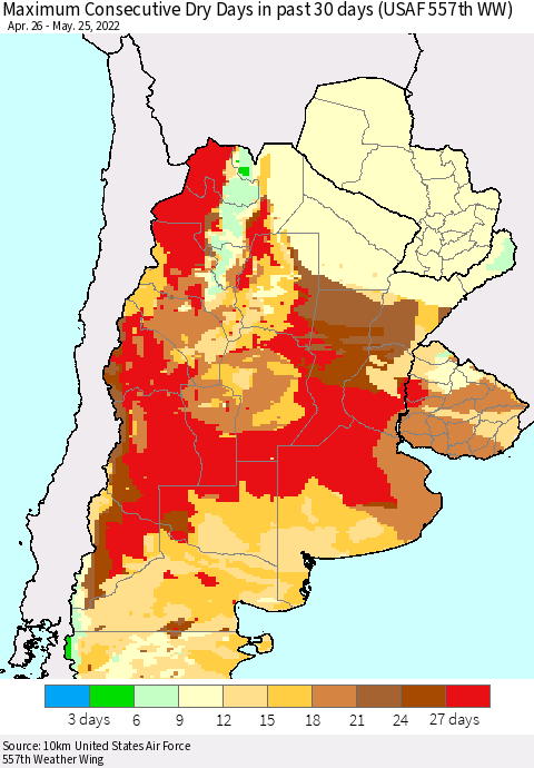 Southern South America Maximum Consecutive Dry Days in past 30 days (USAF 557th WW) 05/25/2022 Thematic Map For 5/21/2022 - 5/25/2022