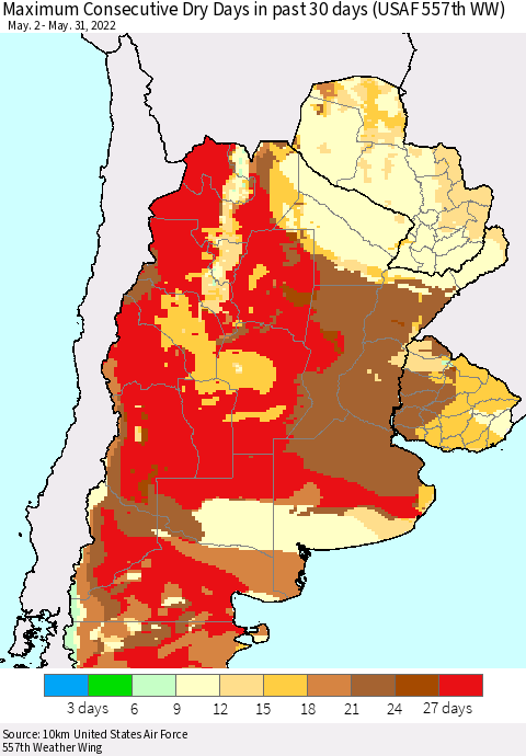 Southern South America Maximum Consecutive Dry Days in past 30 days (USAF 557th WW) 05/31/2022 Thematic Map For 5/26/2022 - 5/31/2022