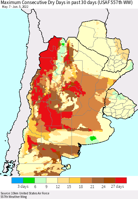 Southern South America Maximum Consecutive Dry Days in past 30 days (USAF 557th WW) 06/05/2022 Thematic Map For 6/1/2022 - 6/5/2022