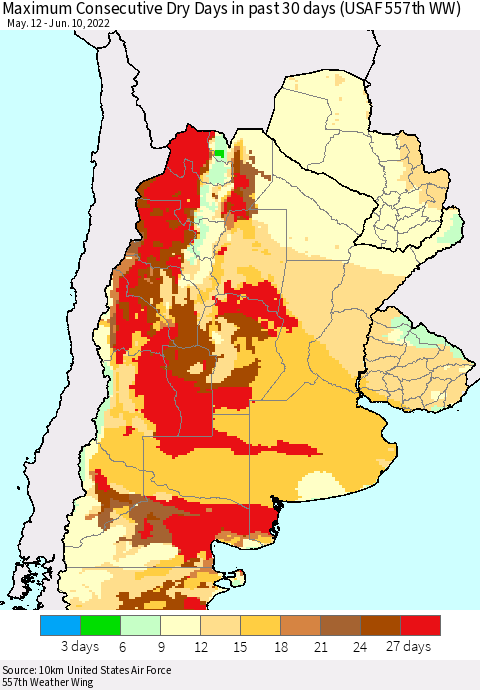Southern South America Maximum Consecutive Dry Days in past 30 days (USAF 557th WW) 06/10/2022 Thematic Map For 6/6/2022 - 6/10/2022