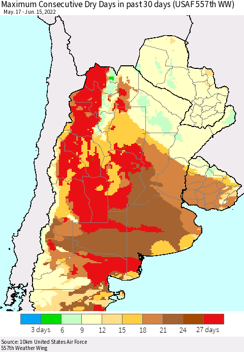 Southern South America Maximum Consecutive Dry Days in past 30 days (USAF 557th WW) 06/15/2022 Thematic Map For 6/11/2022 - 6/15/2022