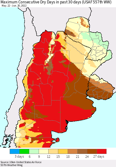 Southern South America Maximum Consecutive Dry Days in past 30 days (USAF 557th WW) 06/20/2022 Thematic Map For 6/16/2022 - 6/20/2022