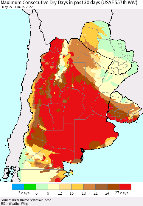 Southern South America Maximum Consecutive Dry Days in past 30 days (USAF 557th WW) 06/25/2022 Thematic Map For 6/21/2022 - 6/25/2022