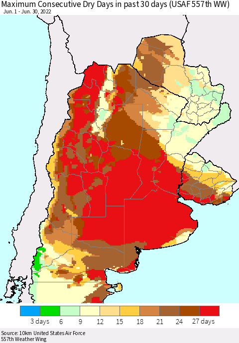 Southern South America Maximum Consecutive Dry Days in past 30 days (USAF 557th WW) Thematic Map For 6/26/2022 - 6/30/2022