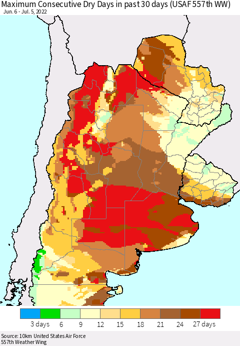 Southern South America Maximum Consecutive Dry Days in past 30 days (USAF 557th WW) 07/05/2022 Thematic Map For 7/1/2022 - 7/5/2022