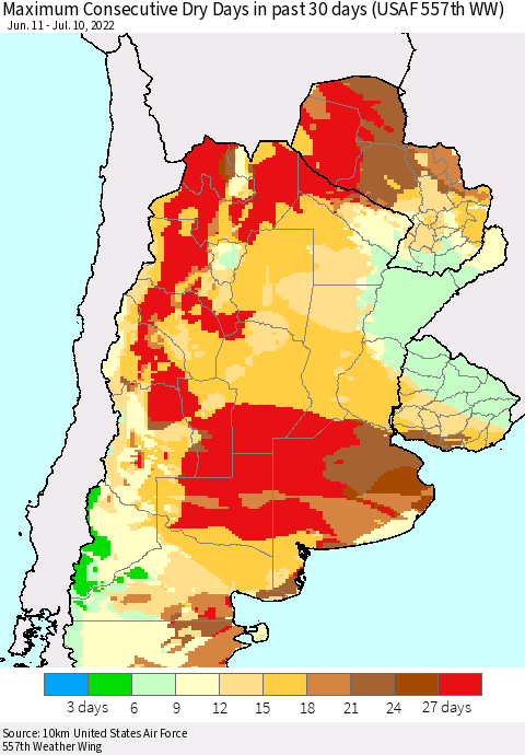 Southern South America Maximum Consecutive Dry Days in past 30 days (USAF 557th WW) 07/10/2022 Thematic Map For 7/6/2022 - 7/10/2022