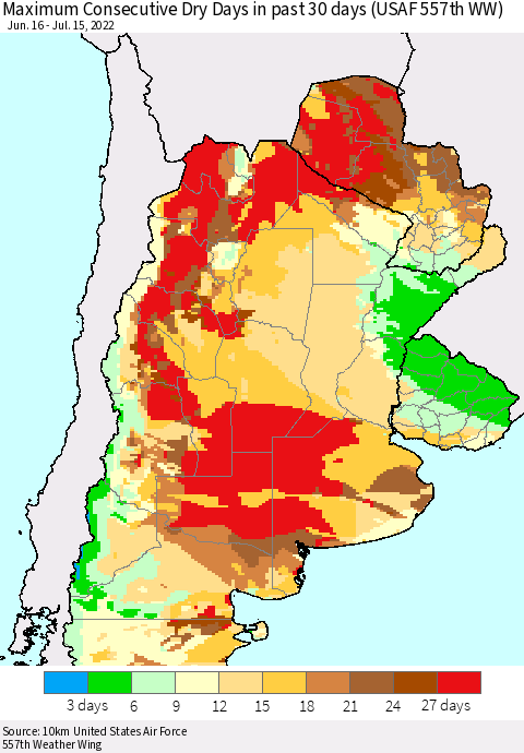 Southern South America Maximum Consecutive Dry Days in past 30 days (USAF 557th WW) 07/15/2022 Thematic Map For 7/11/2022 - 7/15/2022