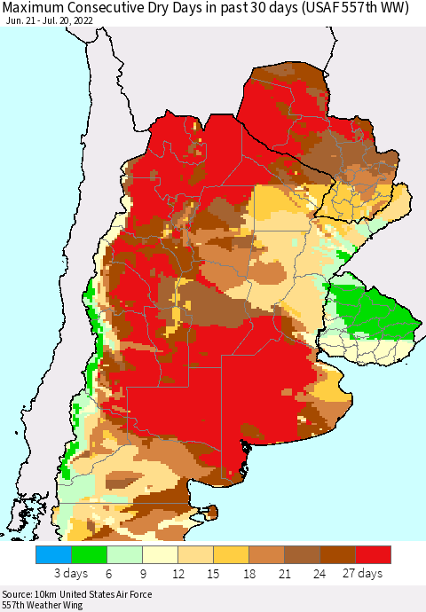 Southern South America Maximum Consecutive Dry Days in past 30 days (USAF 557th WW) 07/20/2022 Thematic Map For 7/16/2022 - 7/20/2022