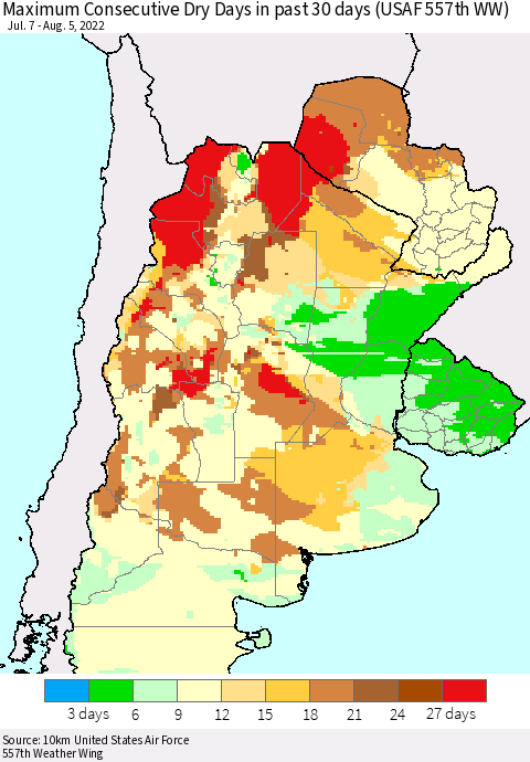 Southern South America Maximum Consecutive Dry Days in past 30 days (USAF 557th WW) 08/05/2022 Thematic Map For 8/1/2022 - 8/5/2022