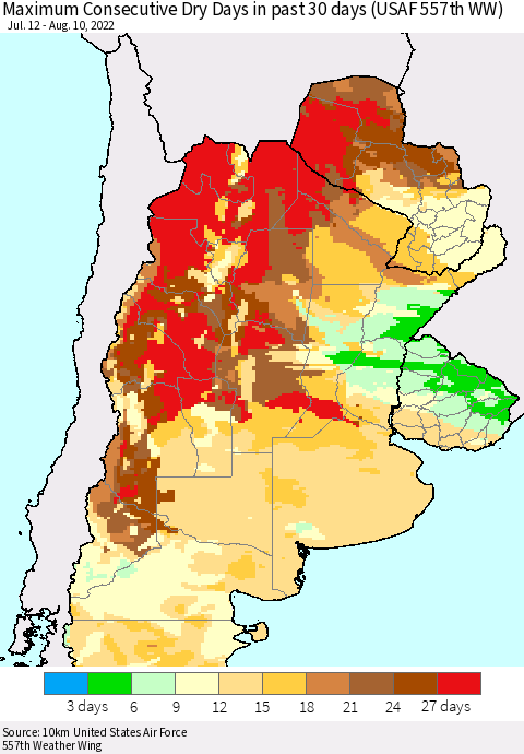 Southern South America Maximum Consecutive Dry Days in past 30 days (USAF 557th WW) 08/10/2022 Thematic Map For 8/6/2022 - 8/10/2022